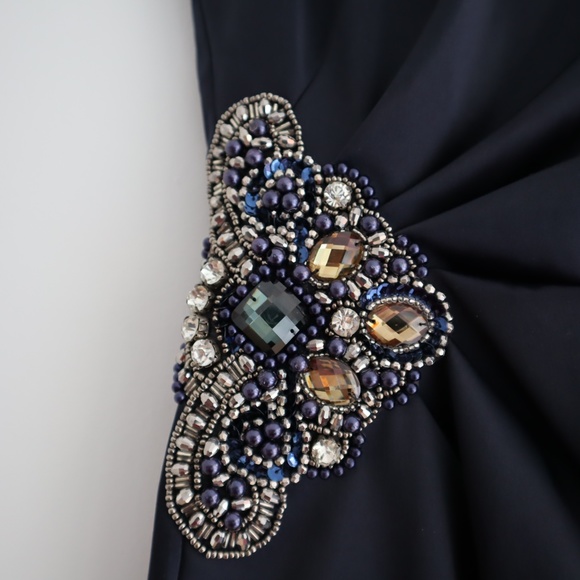 Satin Jewelled Open Back Midi Dress - Blue, Size S - Picture 3 of 5